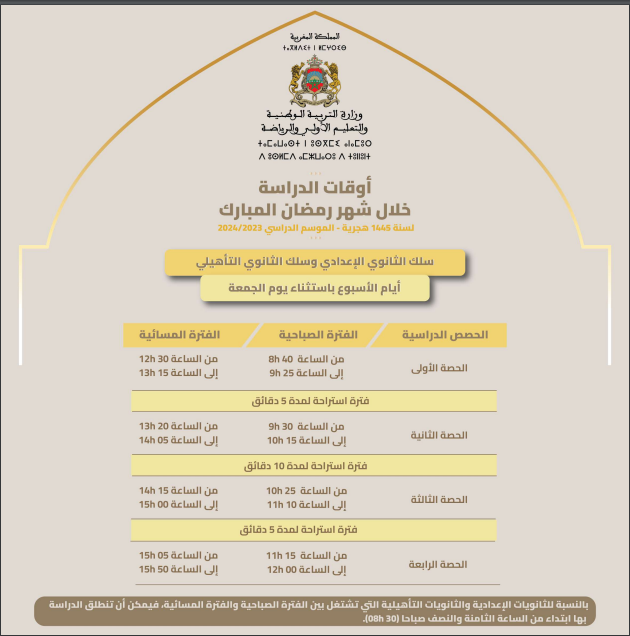 أوقات الدراسة بالنسبة لسلك الثانوي الإعدادي وسلك الثانوي التأهيلي أيام الأسبوع 