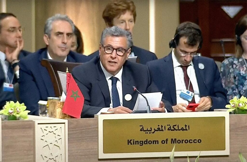 عزيز أخنوش خلال المؤتمر الدولي حول خطة الاستجابة العاجلة للوضع الإنساني في غزة