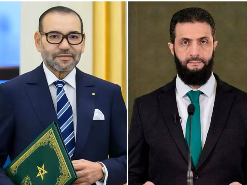 تنفيذا لتوجيهات الملك محمد السادس.. سفارة المغرب في سوريا تستأنف نشاطها الملك محمد السادس وأحمد الشرع، رئيس الجمهورية العربية السورية